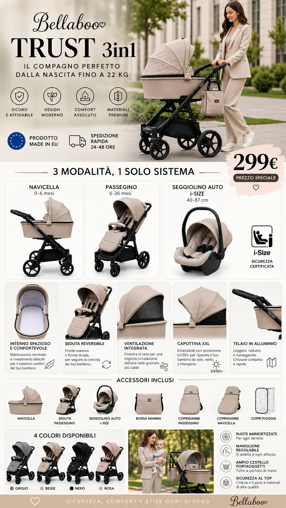 Passeggino trio 3 in 1 per neonati Bellaboo TRUST beige